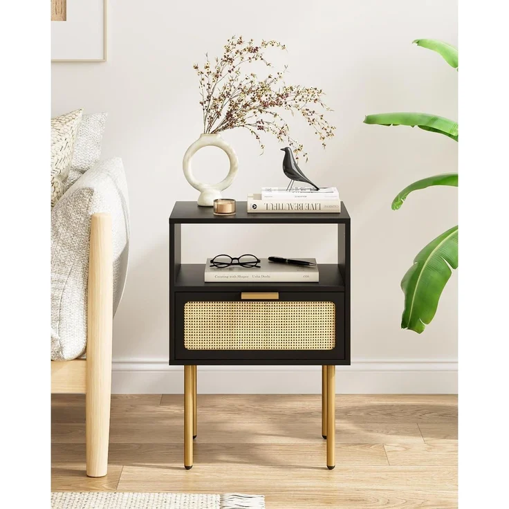 Nachttisch Rattan Schwarz Beistelltisch Schublade Möbel Gold Rahmen – Bild 5