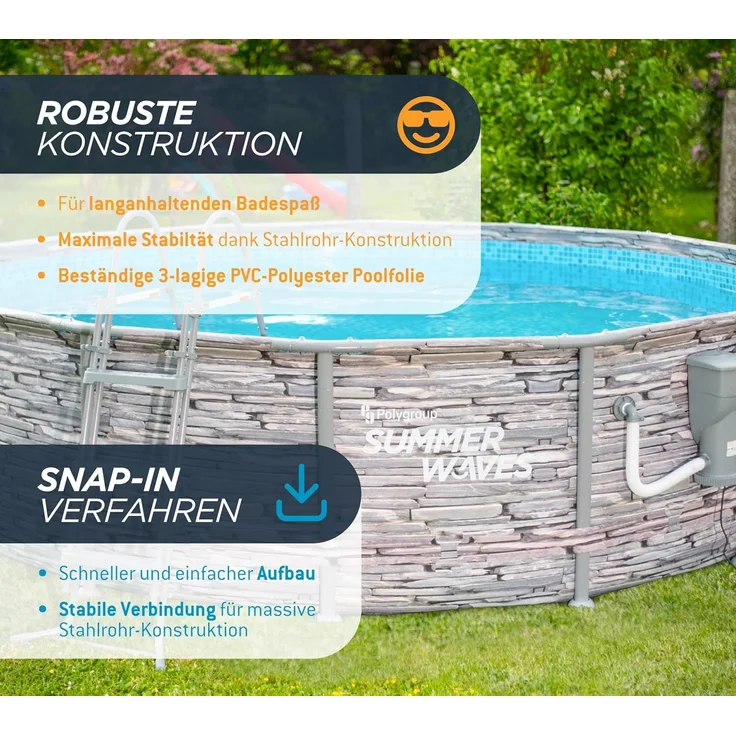 Summer Waves 'Elite' Frame Pool, Komplettset mit exklusivem Zubehör, Steinoptik mit Mosaikmuster, Ø 427x107 cm – Bild 11