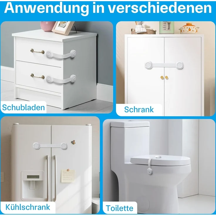 ECHOCUBE Kindersicherungen, Babysichere Schrankgurtschlösser mit Klebstoff, 10 Stück, verstellbare Babysicherungen für Schränke, Kühlschränke, Toiletten, Mülleimer (weiß) – Bild 6