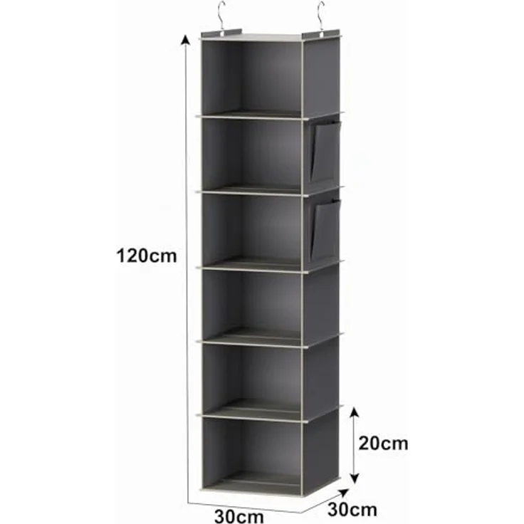 YOUDENOVA Hängeregal Schrankorganizer Stabiler 6 Fächern Kleiderschrank Organizer Ordnungssystem Hängeaufbewahrung mit MDF-Platten und Bambus-Stock verstärkt Grau – Bild 3