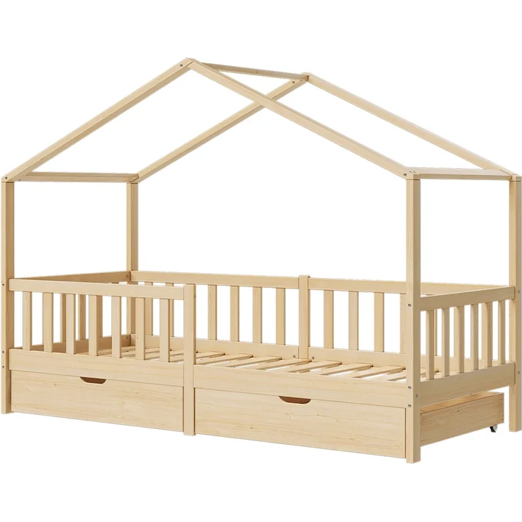 Bellabino 'Bia' Hausbett 90x200 cm mit 2 Schubladen, natur, Kiefer Massivholz, Montessori Kinderbett mit Stauraum, inkl. Rausfallschutz und Lattenrost – Bild 2