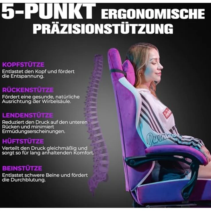 GTPLAYER Gaming Stuhl Ergonomischer, PC Stuhl Atmungsaktiver Stoff, Groß und Hoch Drehbarer Schreibtischstuhl mit Fußstütze,Verstellbare Lendenwirbelstütze und Kopfstütze,Lila – Bild 6