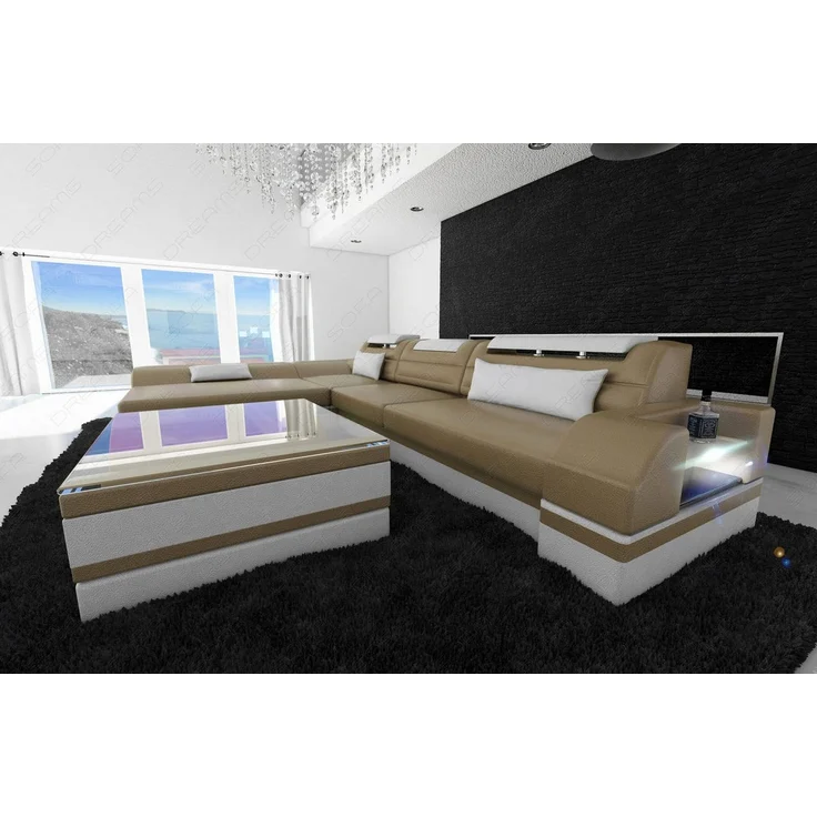 Mini Couch Monza Eleganz L Form in Leder - Echtleder - sandbeige-weiß - Links – Bild 3