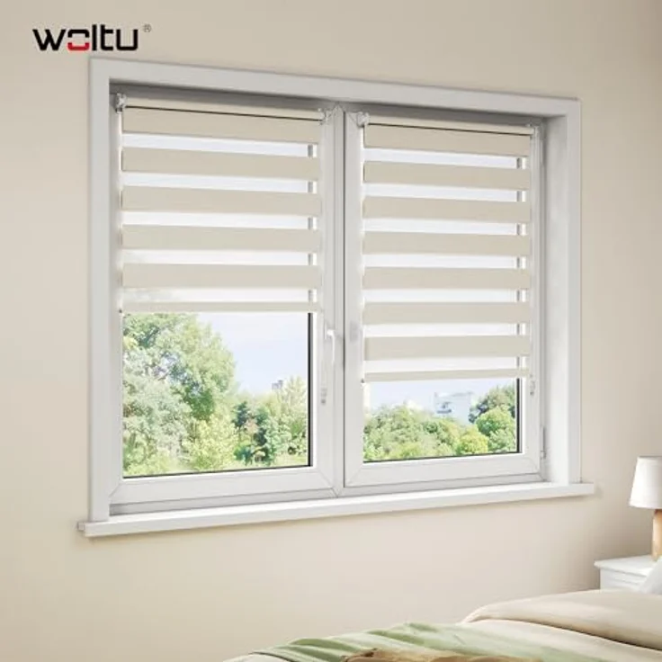 WOLTU Doppelrollo Klemmfix ohne Bohren Holzlook Buche B75 x H150 cm, Duo Rollo Zebrarollo Fensterrollo Klemmrollo Seitenzugrollo Easyfix lichtdurchlässig & verdunkelnd Rollos für Fenster und Tür – Bild 3