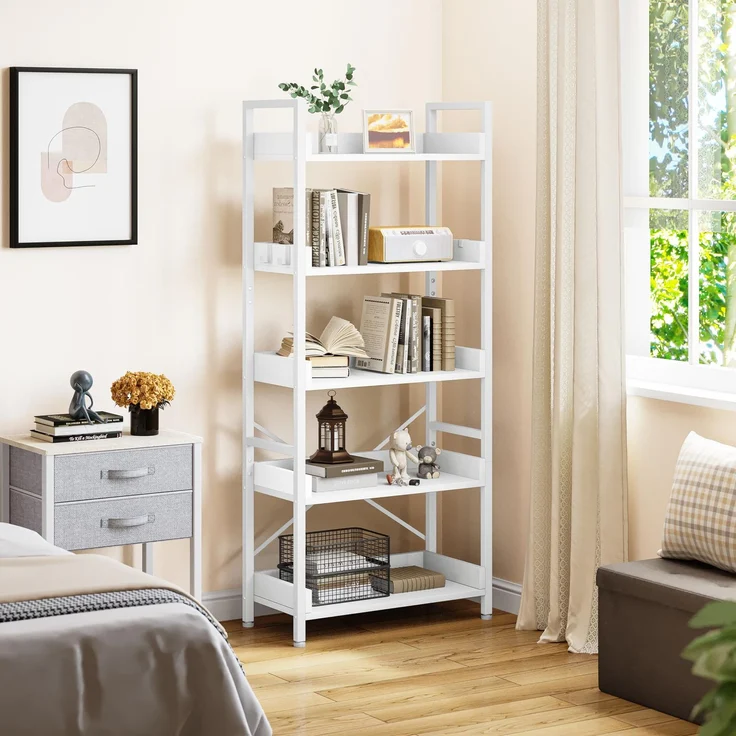 YITAHOME Bücherregal 5 Etagen, Bodenstehendes Bücherregal, Holzregal und stabiles Stahlrahmenregal mit 4 Haken Industrielles Lagerregal für Wohnzimmer, Heimbüro, Reinweißes – Bild 1