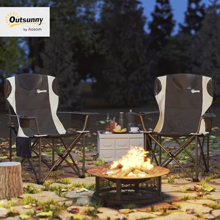 Outsunny Campingstuhl mit Armlehnen Getränkehalter Kopfstütze Kühltasche (2er Set Faltstuhl, 2 St), bis 120kg belast, gepolstert, für Garten, Camping – Bild 2