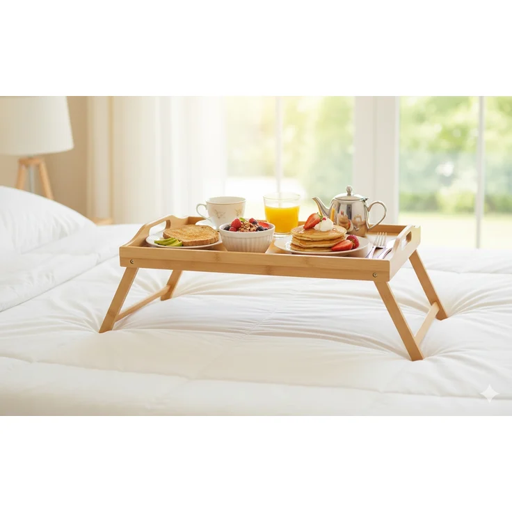 Servierbrett aus Bambus - Frühstücksbrett & Snacktablett mit Klappfüßen – Bild 2