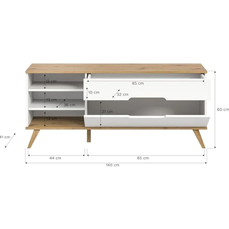 Xonox Lowboard, Weiß, Holzwerkstoff, 140x60x40 cm, mit Schubkasten und offenen Fächern, FSC®-zertifiziert – Bild 3