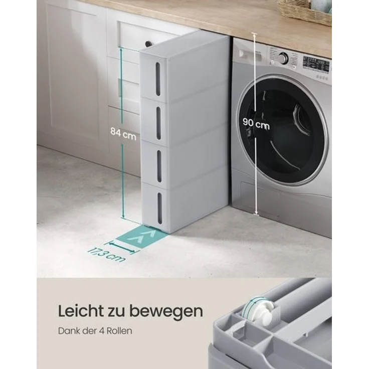 Nischenregal mit Rollen, Rollwagen mit 4 Schubladen, 17,3 cm breit, Badregal schmal, Rollregal, Küchenregal, PP-Kunststoff, grau – Bild 5
