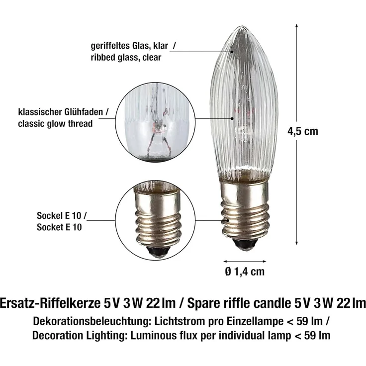 hellum Ersatz-Kerzen für Schwibbogen, 25 Stück 5V 3W Riffelkerze für Weihnachtsbaum Kerzen Lichterketten innen mit 50 Brennstellen, Birnen für Lichterbogen E10/ 5V/ 3W/ 22 Lumen 910117 – Bild 3