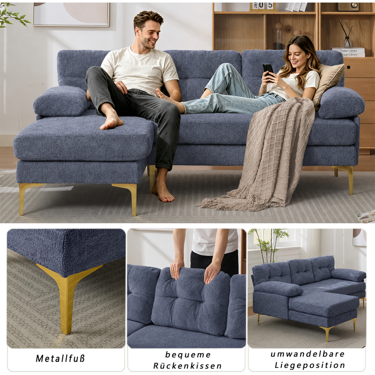 EINHOM 187, 5 cm L-förmiges Sofa, dreisitzig mit 3 Sitzkissen, austauschbare Liegeseite links/rechts, gepolsterte Armlehnen, Chenille-Stoff, Metallfüße, blau – Bild 4