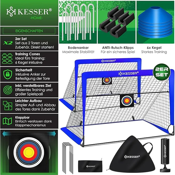 KESSER Pop-Up Fußballtor, 2er Set, mit Transporttasche, 6x Hütchen, Ballpumpe & Zielscheibe, Glasfaserstangen, Blau, 120x90 cm – Bild 4