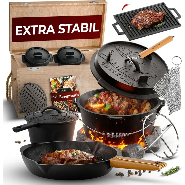 Gusseisen Set 10-teilig in Holzbox – Dutch Oven 4,5 l, Pfanne Ø 26 cm, Grillplatte, Zubehör & Rezeptbuch, ideal für Grill & Outdoor