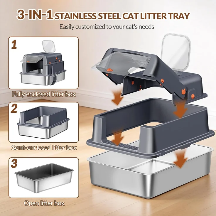 Edelstahl Katzenklo mit Deckel XXXL, 70 x 50 x 42cm, Dunkelgrau, Geschlossene Metall Katzentoilette, 105° Klappdeckel, Inklusive Pedal und Schaufel, Leicht zu Reinigen, Zwei Türen – Bild 8