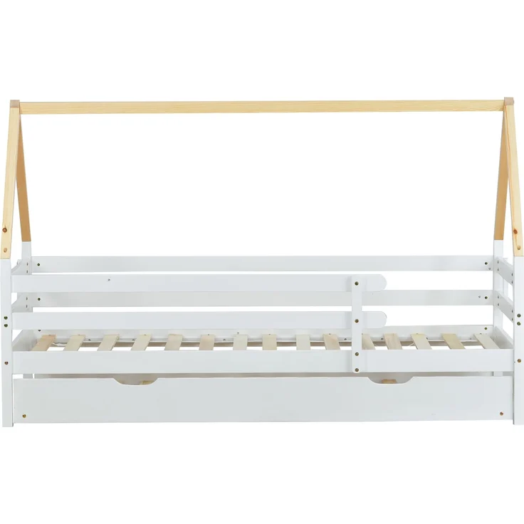 Baumhausbett, Tagesbett, Einzelbett, Kinderbett, Ausziehbett, Schiebebett mit Rollen unten, Massivholz, weißes Bett, naturfarbener Dachstuhl (90x200 & 90x190CM) – Bild 9