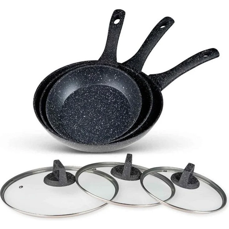 BEM Pfannen-Set Pfannen mit Glasdeckeln (20, 24, 28 cm), Aluminium und Antihaftbeschichtung (Set, 6-tlg, komfortable und hitzebeständige Griffe), für alle Herdarten geeignet – Bild 4