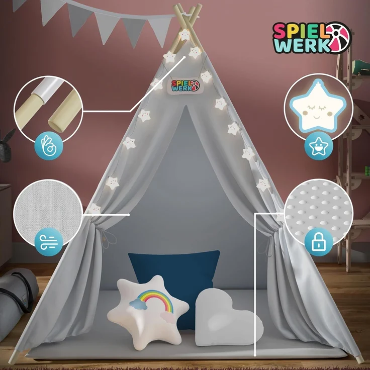 Spielwerk Kindertipi mit Lichterkette, Bodenmatte & Kissen, Baumwolle grau, 120 x 120 x 160 cm – Bild 6