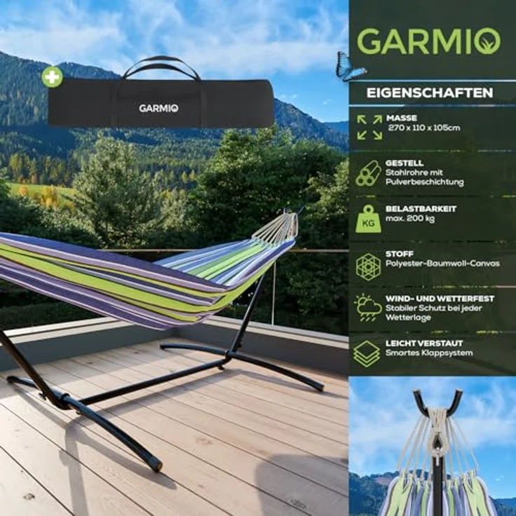 GARMIO Hängematte mit Stahlgestell, 200kg Belastbarkeit, klappbar, Blau-Grün, 270x110x105cm, inkl. Zubehör & Tragetasche, pflegeleicht – Bild 2