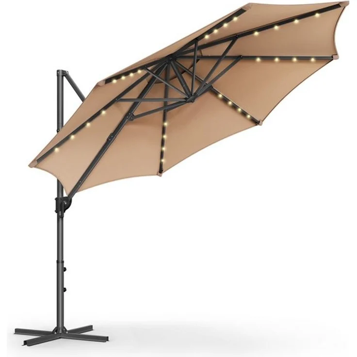 Songmics Sonnenschirm, Ampelschirm, 300 cm, 28 Solar-LED-Leuchten, UPF 50+, Gartenschirm, um 360° drehbar, Neigungswinkel stufenlos verstellbar, mit Kurbel, Kreuzfuß,kamelbraun – Bild 4