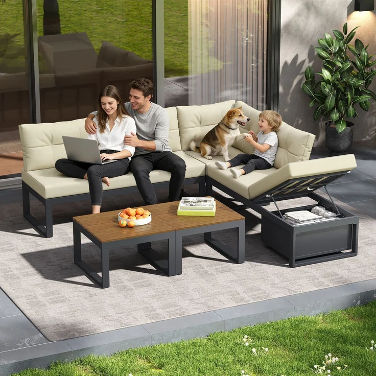 ZUBALIYA Garten-Loungeset - 191,5 x 191,5 x 79 cm , Beige , Polyester , verstellbare Rückenlehne , mit Stauraum – Bild 3