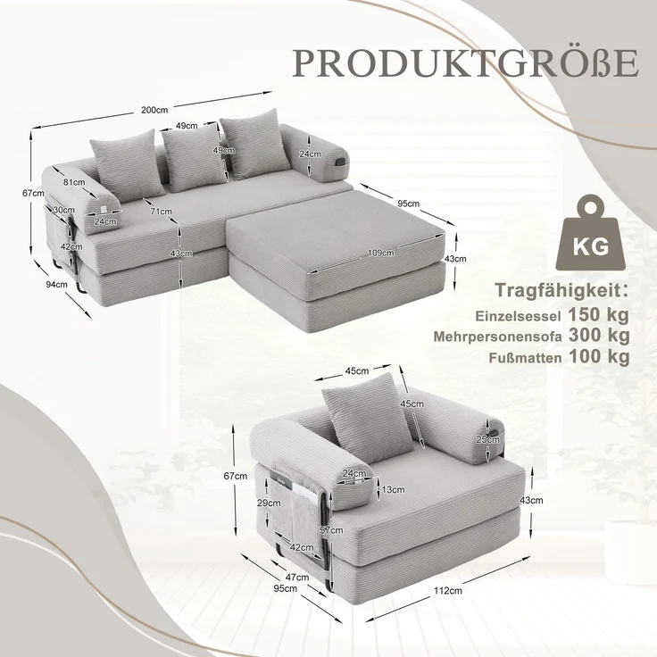 Sofa-Set modular mit flexibler Sitzfläche, 3-Sitzer, Sessel & Hocker 200x190x67 cm, Cord Hellgrau – Bild 5