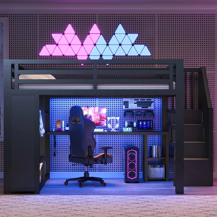 140x200 cm großes Gaming-Hochbett aus Metall mit LED-Beleuchtung, USB, Schreibtisch, offenem Kleiderschrank, Treppe und Staufächern, Schwarz – Bild 1