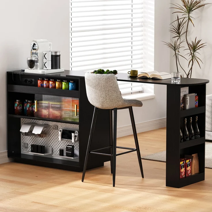 Merax Bartisch, Ausziehbar 360° Drehbare Sideboard mit Stauraum und LED-Beleuchtung, Reversibel Sideboard mit Lochbrett und Steckdosen(Schwarz) – Bild 2