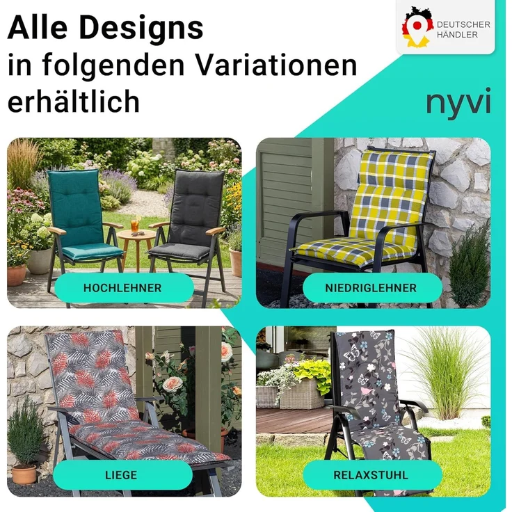 NYVI Hochlehnerauflage Hochlehner Auflagen 4er Set Barcelona - Gartenstuhlauflagen 118x50cm, (4 St), Stuhlauflage, Sitzauflage mit Halteband, UV-fest – Bild 7