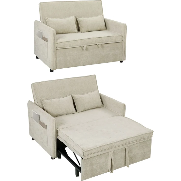 Wohnora-2-Sitzer-Schlafsofa, 3-in-1-Schlafsofa aus Chenille, 125 cm breit, mit verstellbarer Rückenlehne, breiter Sitzfläche, 2 Kissen, Creme,H 940cm x T 1250cm x B 910cm – Bild 1