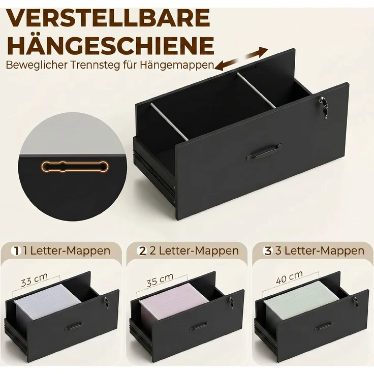 Aktenschrank mit Schubladen, Abschließbar Aufbewahrungsschrank mit Bücherregal für A4, Letter und Legal-Format, Schwarz--Schwarz--157x40x70cm--YOUDENOVA – Bild 7