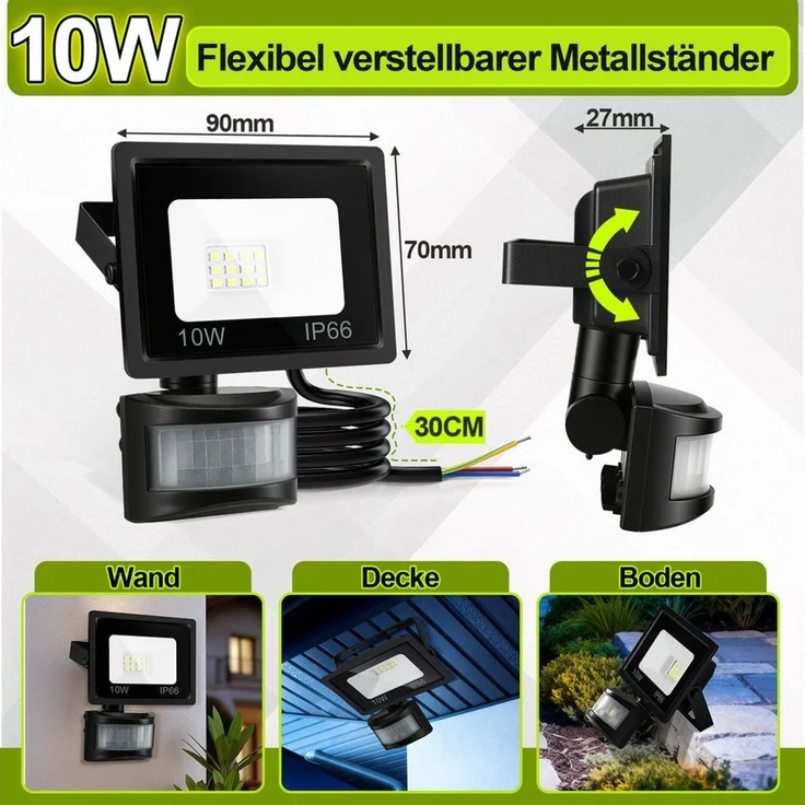 Clanmacy LED Flutlichtstrahler LED Fluter mit Bewegungsmelder 4X 10W Außenleuchte Kaltweiß Spotlight – Bild 2