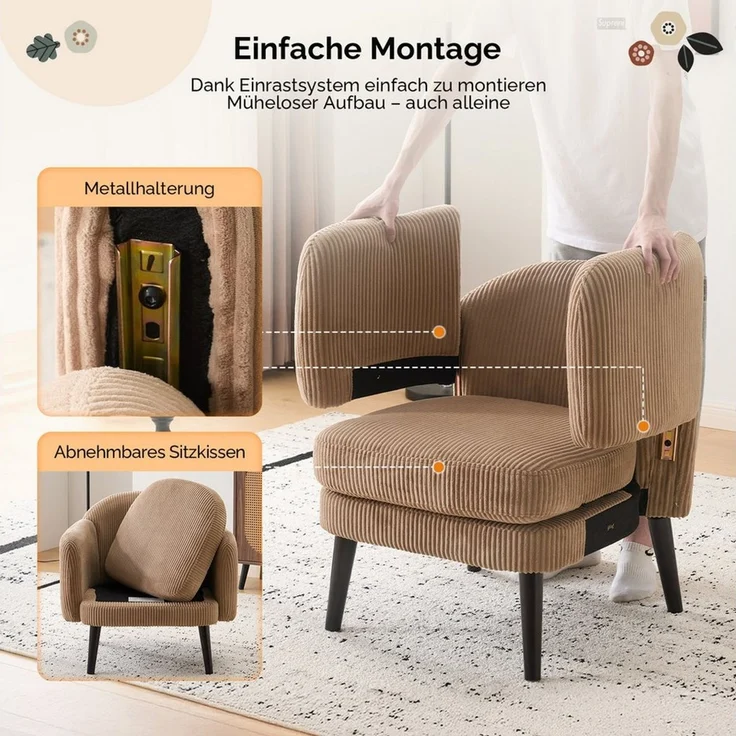 VINGLI Ohrensessel Cocktailsessel aus Cord, Moderner Loungesessel für Wohnzimmer, Holzbeine, Abnehmbares Sitzkissen & Armlehnen – Bild 4