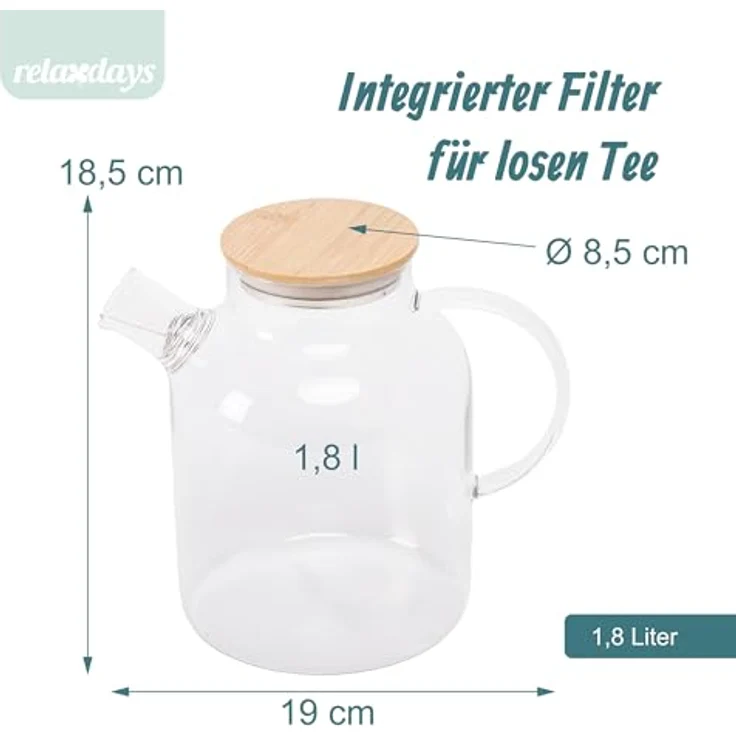 relaxdays Teekanne Glas mit Bambusdeckel, 1,8 Liter, Ausgusssieb für loser Tee und Teeblumen, transparent – Bild 4