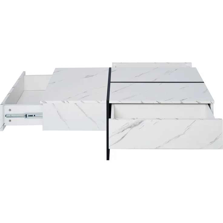 Couchtisch, Spanplatte in Hochglanz marmorähnlicher Optik mit LED-Beleuchtung & 3 Schubladen, 100x50x34,5 cm, Weiß – Bild 8