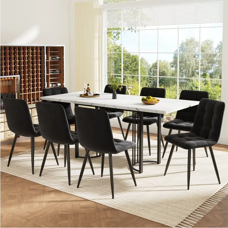 OKWISH Esstisch Essgruppe,Esstisch mit Stühlen Set, Moderner Küchentisch Set (Essgruppe 9-teilig Ausziehbar für 8 Personen Samt Esszimmerstühle, MDF Esstisch mit Metallgestell & Ergonomischem Design, 9-St)