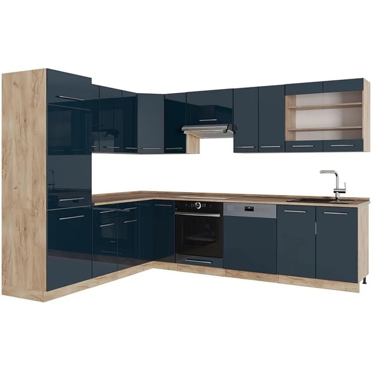 Eckküche Fame-Line Dunkelblau Hochglanz/Goldkraft Eiche 287 x 227 cm ohne Arbeitsplatte Vicco – Bild 1