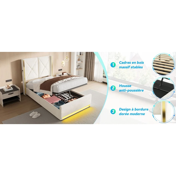 TavilaEcon Boxspringbett Veloursbett mit hohem Kopfteil, Seitentaschen & USB beige Liegefläche 90 × 200 cm – Bild 3