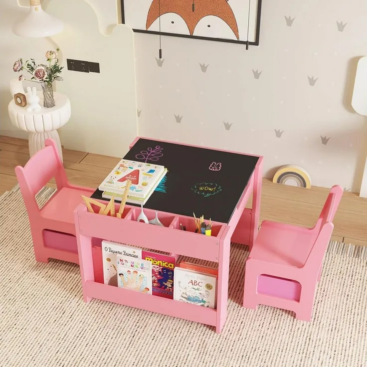 GarveeMore Kindersitzgruppe mit 2 Stühlen und Aufbewahrungsschublade,Abnehmbare Tischplatte, Kindertisch- und Stuhlset, 4-in-1-Aktivitätstisch aus Holz & 2 Stühle