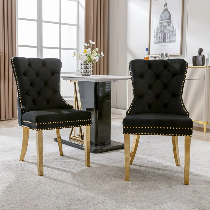 Esszimmerstuhl mit Samtbezug, Edelstahlbeinen und Türklopfer-Design, luxuriöser Polsterstuhl mit Nagelkopfverzierung,verstellbare Füße,Schwarz – Bild 5