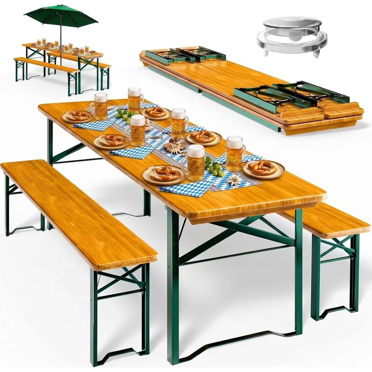 Casaria Bierzeltgarnitur, 3-tlg, Klappbar, Holz natur / Stahl grün, 75 x 46 x 170 cm – Bild 1