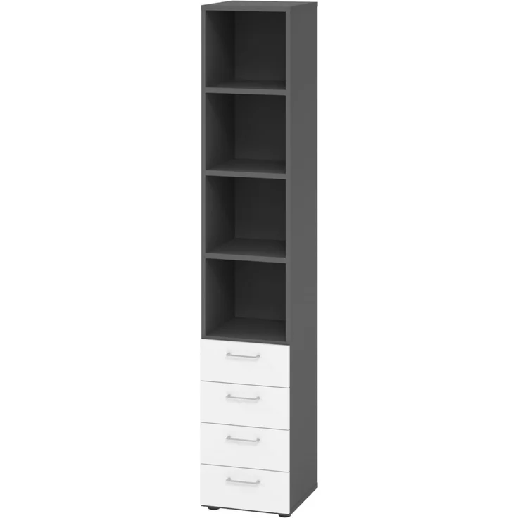 bümö smart Schubladenschrank, Büroschrank in Graphit/Weiß mit 4 Schüben & 4 Regalfächern - Bürocontainer aus Holz, Container mit Metallgriffen & Soft-Stop Schubladen, 964S4-G-W-BS