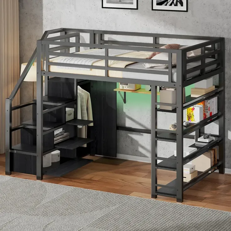Hochbett mit Kleiderschrank, LED-Streifen, Rausfallschutz und Regal, 140x200cm, Treppe mit Schränken, und, Kinderbett, Metallbett – Bild 2