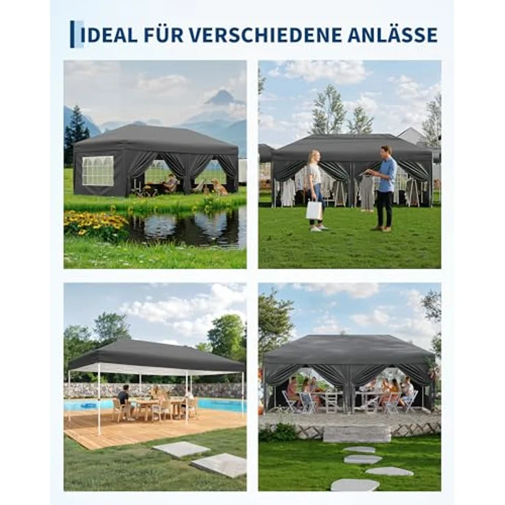 Faltpavillon 3x6 m wasserdicht stabil mit 6 Seitenwänden – Pop up Pavillon faltbar aus 420D Oxford, UV-Schutz 50+, 3-Fach höhenverstellbar, Partyzelt mit Tragetasche für Garten & Outdoor Grau – Bild 4