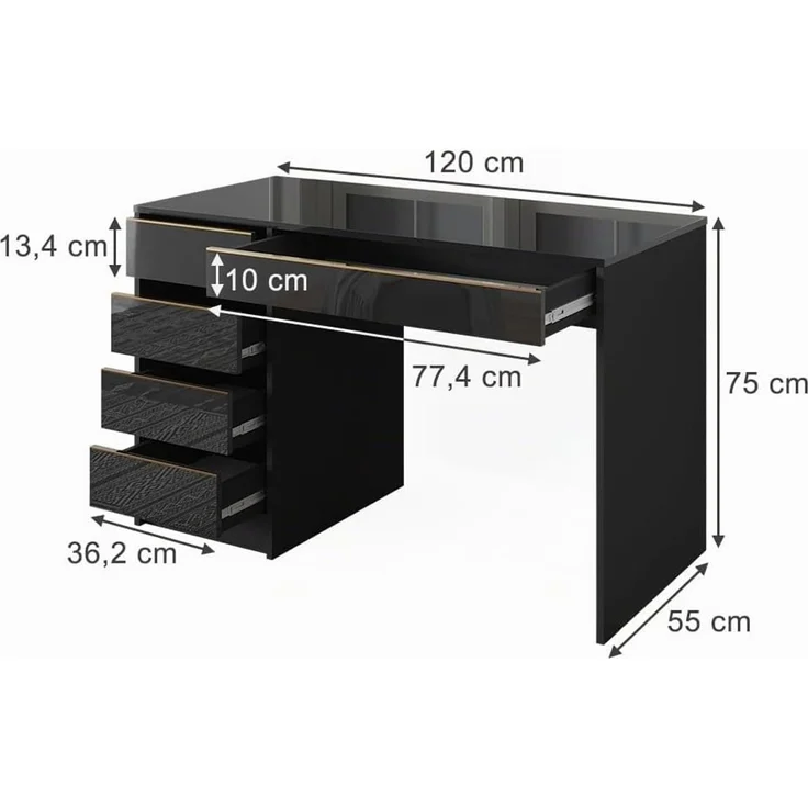 Schreibtisch Sherry Schwarz Hochglanz 55 x 120 cm mit Schubladen Vicco – Bild 3