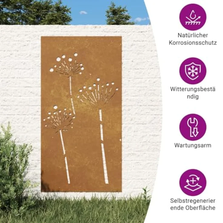 vidaXL Garten-Wanddeko, 105x55 cm Cortenstahl mit floralem Design, wetterfest und korrosionsbeständig – Bild 4
