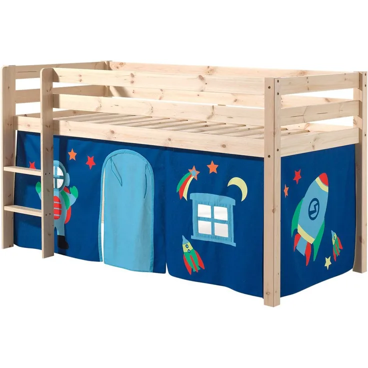 Spielbett Pino mit Textilset Vorhang "Astro", Kiefer massiv natur