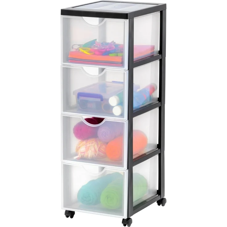 Iris Ohyama Kunststoff-Schubladenbox mit Rollen, 4 tiefen Schubladen, Schwarz, Griffe zum Ziehen, Für Schlafzimmer, Bad, Schule & Büro, BPA-frei, Schubladenschrank, Rollcontainer, A4 Drawer, DDDC-304