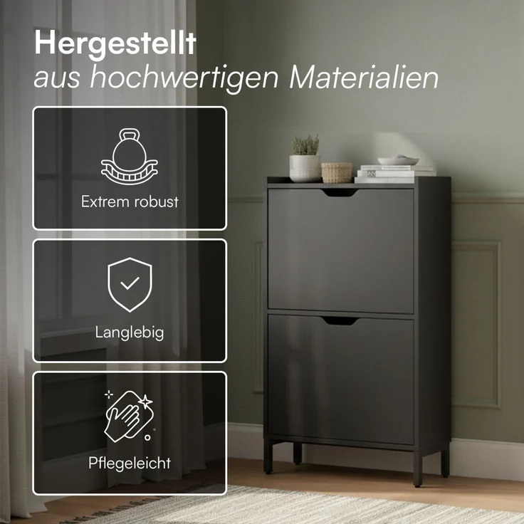 Bellamio 'Ceyhan' Schuhschrank mit 2 Klappen, schmales Schuhregal, schwarz, 50x19x90 cm, Schuhkipper für 4 paar Schuhe – Bild 5