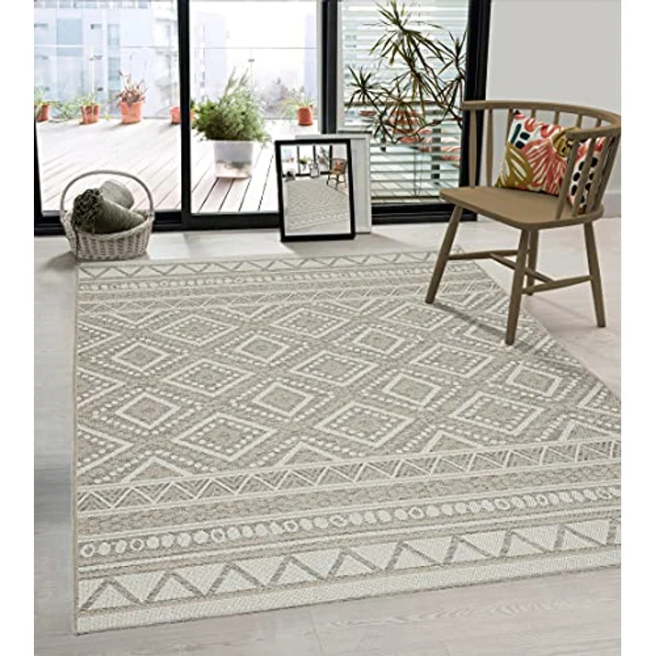 the carpet Calgary - robuster Teppich, Flachgewebe, modernes Design, ideal für Küche und Esszimmer, Vintage-Optik, Boho-Style, besonders flach, auch für den Außenbereich, Beige, 120x120 cm – Bild 3