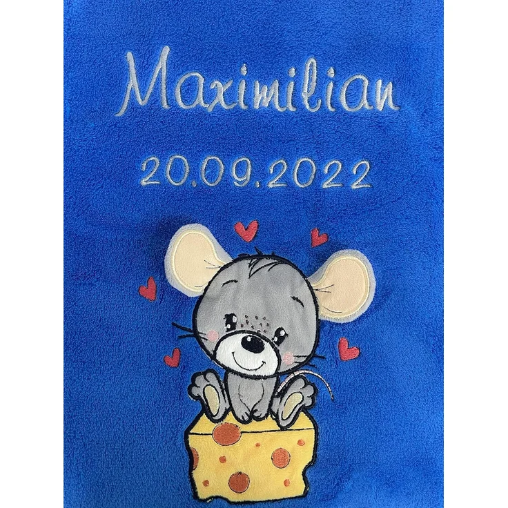 KIDDI-MEDIA Babydecke mit Name und Geburtsdatum Bestickt/kuschelig weich / 1A Qualität (Blau - Maus)